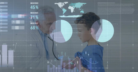 Listening lab-coated doctor using stethoscope on blue-shirt-lifted child in clinic, data overlay....