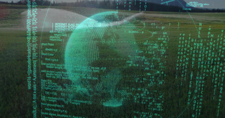 Hovering teal hologram globe projecting wire grids, coordinate markers and code columns over meadow. Field, horizon, outdoor, augmented, reality, holographic, dataの写真素材