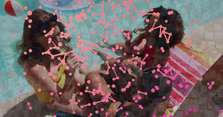 Sitting three women drinking at pool edge wearing swimsuits denim shorts beach ball pink overlay. Outdoor, summer, friends, relaxed, casual, sunglasses, stripedの写真素材