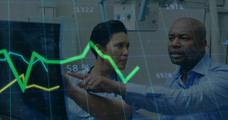 Pointing two clinicians, one wearing lab coat, reviewing scanner in exam room, showing data overlay. Radiology, healthcare, collaboration, imaging, analytics, metrics, monitorの写真素材