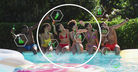 Six adults in swimwear at backyard pool, holding green bottles, taking-selfie with hexagons....