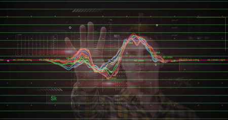 Adult male in plaid shirt reaching holographic chart in dark studio, with waveforms and green grid....
