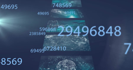 Floating pale-blue numeric string 29496848 anchoring data corridor, with panels and globe network....