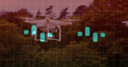 Hovering white quadcopter showing gimbal and four propellers over tree line, teal HUD grid. Drone, uav, aerial, telemetry, dusk, forest, moodyの写真素材