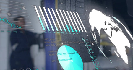 Displaying glass data display at office showing bar pie line charts globe code keyboard reflection....