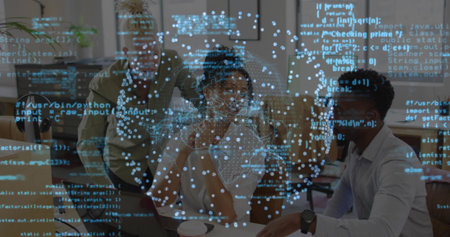 Working center seated woman in light short-sleeve top typing on laptop at office, with code overlay. Collaboration, teamwork, technology, digital, visualization, globe, networkの写真素材