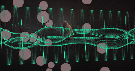 Displaying teal waveform flowing on dark screen, with pink bokeh and vertical light spikes. Abstract, neon, glow, digital, visualization, projection, dataの写真素材