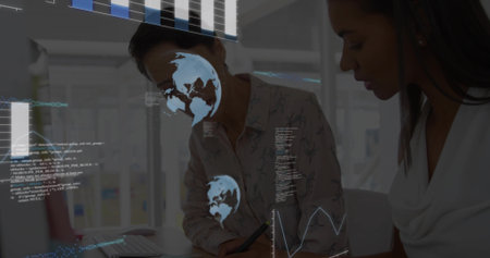 Silhouette emerging from right and pushing panel, descending ledge as tech overlay undulatingの写真素材