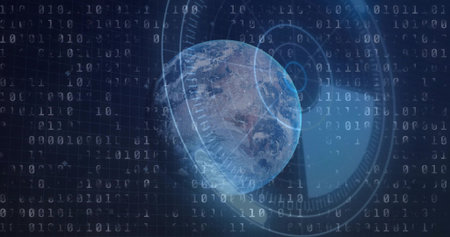 Showing clear blue Earth globe rotating in digital network view, with HUD rings and binary streams. World, telemetry, visualization, cyberspace, grid, neon, overlayの写真素材