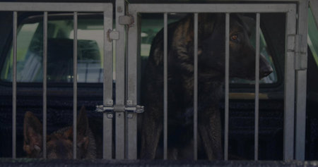 Peering right dog pressing head through vertical bars in pickup truck bed, metal kennel showing. Canines, pair, transport, enclosure, reflections, urban, dimの写真素材