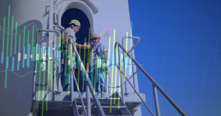 Inspecting technicians wearing yellow hard hats and harnesses on tower platform with chart overlay....