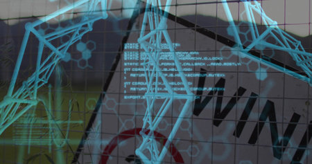 Framing mesh fence and tilted warning sign at field, showing tall grass, cyan wireframe and code....