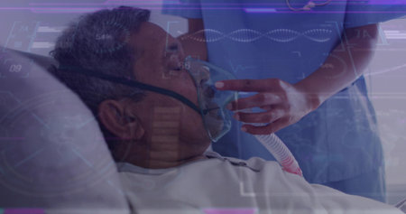 Adjusting nurse in blue scrubs securing oxygen mask and tubing at hospital bed, monitor graphics....
