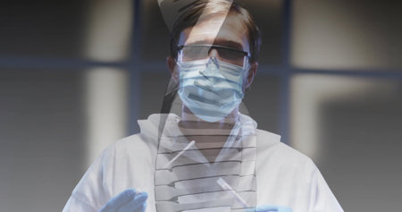 Binary code cascading over office while woman pointing laptop during tech collaboration, man typingの写真素材