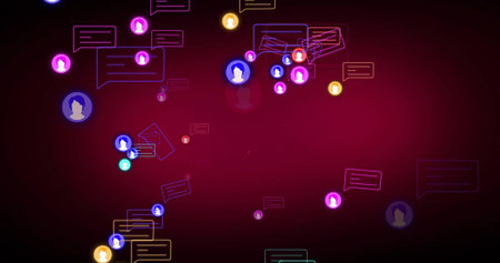 Floating cluster of avatar icons and speech bubbles over magenta gradient, with notification dots....