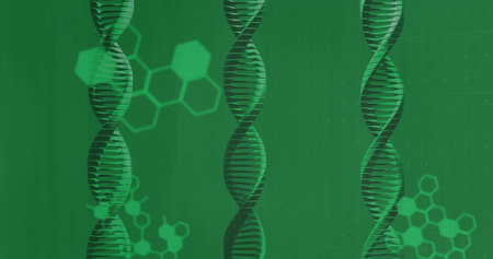 Displaying three vertical DNA helices floating in abstract lab illustration with hexagonal motifs. Genomics, biotech, molecule, grid, matrix, hexagon, greenの写真素材