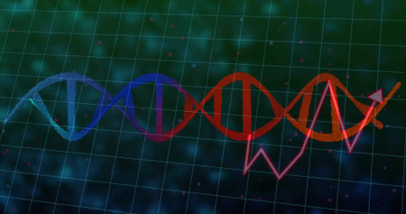 Displaying multicolor DNA helix running across grid, with magenta line graph arrow, specks, bokeh....