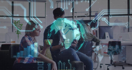 Collaborating team wearing plaid shirt, tie and blazer, viewing AR overlay and smartphone in office. Teamwork, coworking, futuristic, analytics, data, technology, circuitsの写真素材