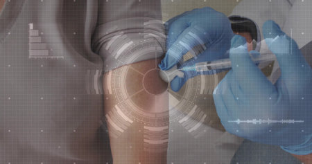 Preparing mature male patient with rolled sleeve receiving arm injection in clinic, syringe and HUD. Nurse, clinician, gloves, vaccination, needle, overlay, hospitalの写真素材