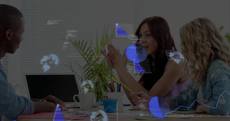 Gesturing female center in sleeveless top leading data meeting at office, laptop mug holograms....