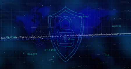 Displaying central dotted shield with padlock icon on virtual grid over world map, waveform overlay....