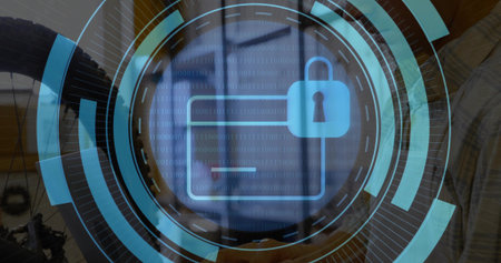 Displaying blue HUD dominating office, with wallet icon, padlock, tripod, man in light shirt. Cybersecurity, authentication, encryption, privacy, fintech, interface, codeの写真素材