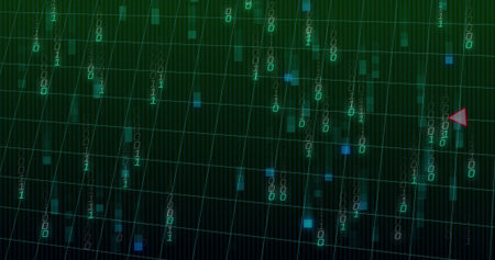 Streaming binary digits cascading over tilted grid in HUD, showing red pointer and blue squares....