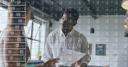 Presenting man in plaid shirt holding papers and explaining finances at office window, data overlay....