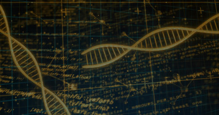 Glowing gold DNA double-helix strands crossing navy grid schematic, with handwritten formulas. Genomics, genetics, visualization, laboratory, science, amber, blueの写真素材