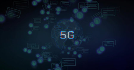 Displaying central wireframe globe over dark background, with 5G text, chat bubbles, nodes and orbs....