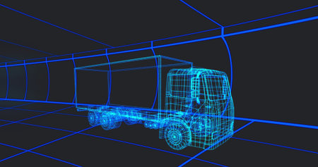 Rotating cyan-blue wireframe box truck showing cab contours, mirrors, wheels in virtual tunnel grid. Neon, glowing, 3d, render, geometry, perspective, futuristicの写真素材