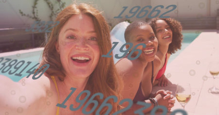 Smiling three women taking selfie poolside at home, with swimsuit straps, glasses and blue numbers....