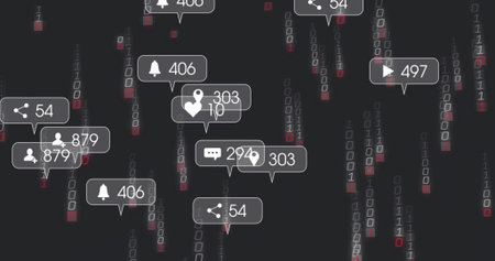 Floating UI notification bubbles over dark binary digits, showing icons counters and red accents....