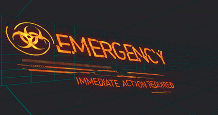 Displaying glowing EMERGENCY alert graphics filling dark VR room with biohazard symbol, cyan grid. Neon, cyberpunk, holographic, alert, hazard, wireframe, interfaceの写真素材