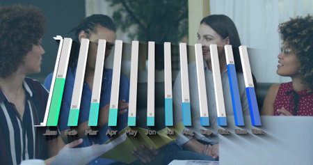 Discussing data, four coworkers in shirts analyzing 3D bar chart JanâDec in meeting with laptop. Visualization, collaboration, teamwork, office, presentation, professionals, modernの写真素材