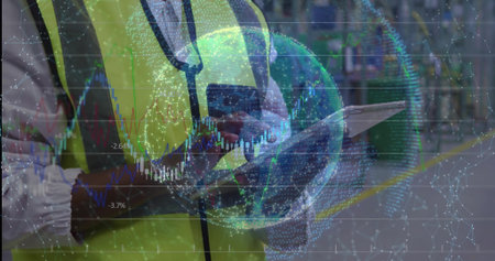 Scanning worker in depot wearing hi-vis vest, gloves holding smartphone and tablet with AR charts....