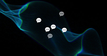 Flowing teal mesh wave curving across data canvas, showing seven chat bubbles and tiny light specks. Abstract, particles, ribbon, glow, neon, blue, greenの写真素材