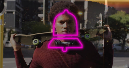 Posing man holding skateboard on shoulders on city street, with maroon sweater magenta bell overlay....