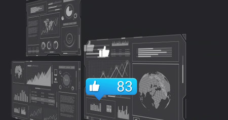 Glowing blue bubble showing thumbs-up hovering center of digital dashboard, with charts. Interface, analytics, hud, visualization, grayscale, neon, futuristicの写真素材