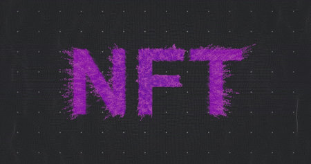 Displaying bold purple letters spreading particle fragments on dark digital canvas, dotted grid. Typography, minimalist, magenta, neon, futuristic, texture, granularの写真素材