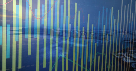 Displaying translucent vertical bar chart overlaying aerial coast, with grid and line graphs. Data,...