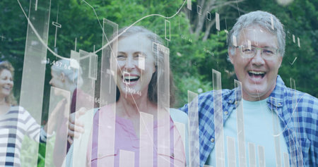 Laughing mature couple hugging in park, with data overlays, glasses, pink blouse and checked shirt. Adult, friends, outdoors, greenery, graphs, charts, cheerfulの写真素材
