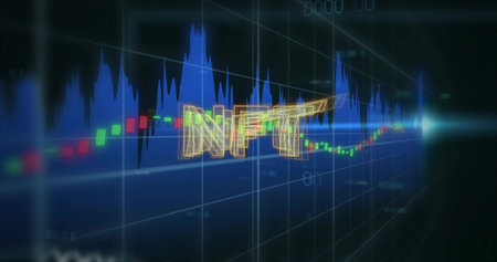 Floating 3D wireframe NFT hovering above trading HUD, displaying red or green candlesticks, blue peaks. Neon, holographic, dashboard, analytics, futuristic, crypto, glowの写真素材