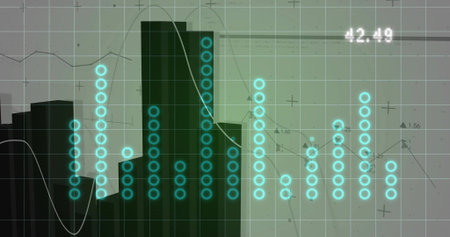 Displaying data visual with skyline silhouette on dashboard, showing turquoise dot columns 42.49. Hightech, analytics, visualization, gridlines, blueprint, interface, urbanの写真素材