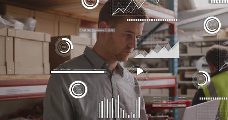 Scanning man in gray button-up shirt checking tablet in warehouse, with AR graphics overlay. Inventory, logistics, supervision, collaboration, analytics, dashboard, digitalの写真素材