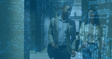 Walking colleagues in blazers through office hall, carrying bags under AR data overlay. Professionals, team, corridor, glass, blue, holographic, augmentedの写真素材