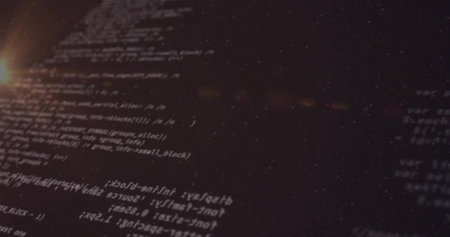 Projecting angled monospaced code lines diagonally on dark screen, showing lens flare, particles. Holographic, futuristic, glow, display, grid, shimmer, grainの写真素材