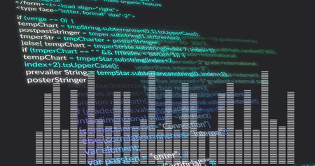 Showing audio-spectrum equalizer bars overlapping semi-transparent code on charcoal screen, glowing. Programming, spectrum, visualization, skyline, neon, futuristic, interfaceの写真素材