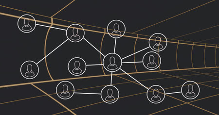 Linking central hub avatar node to white nodes, lines in tunnel, golden grid vanishing point right. Network, connectivity, abstract, futuristic, digital, perspective, corridorの写真素材