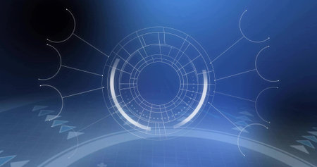 Displaying central holo HUD spinning in virtual interface, showing glowing arcs and connector lines....